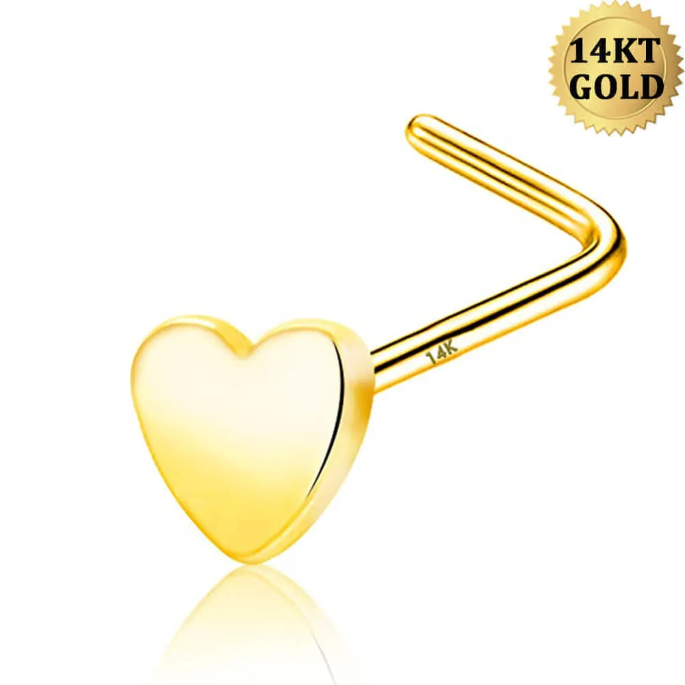 14K Gold 20G L Shape Heart Nose Stud