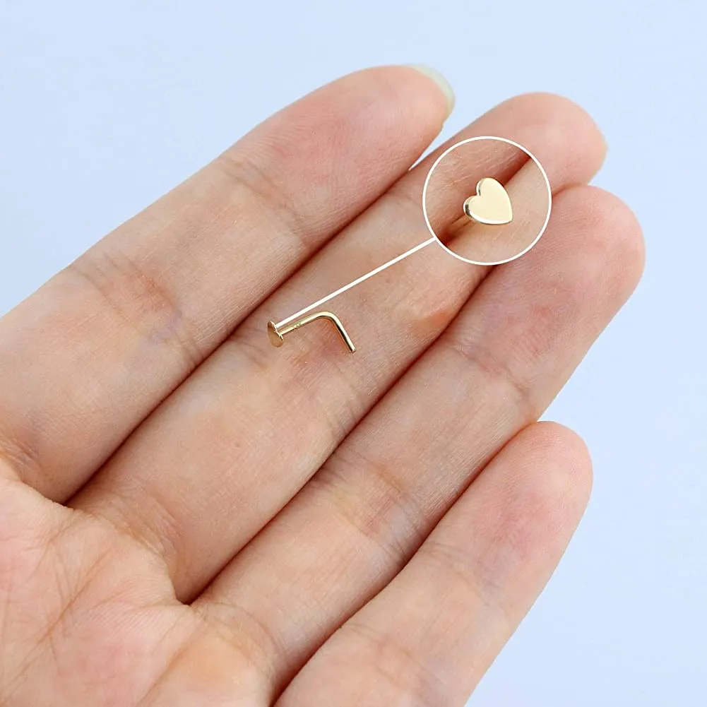 14K Gold 20G L Shape Heart Nose Stud