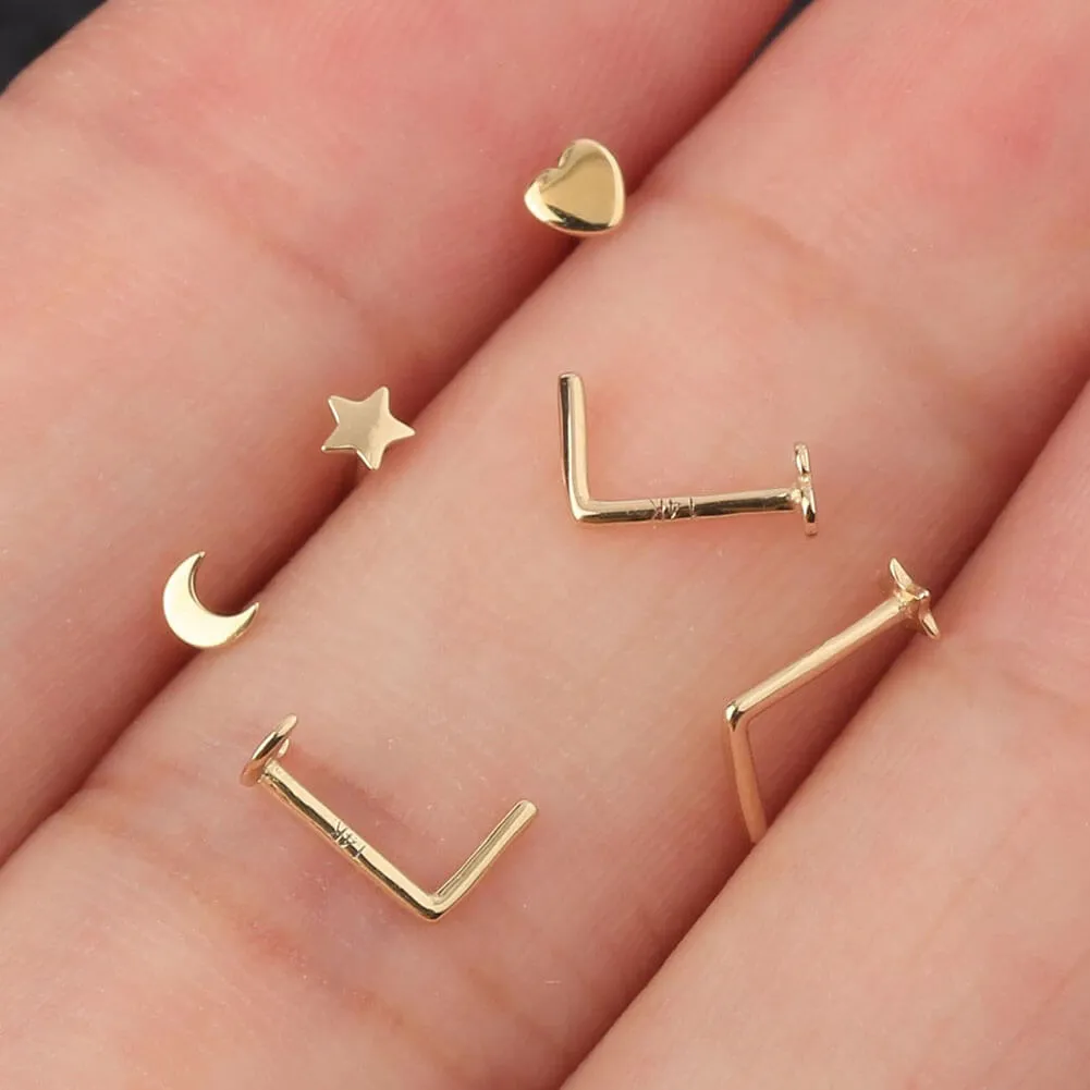 14K Gold 20G L Shape Heart Nose Stud