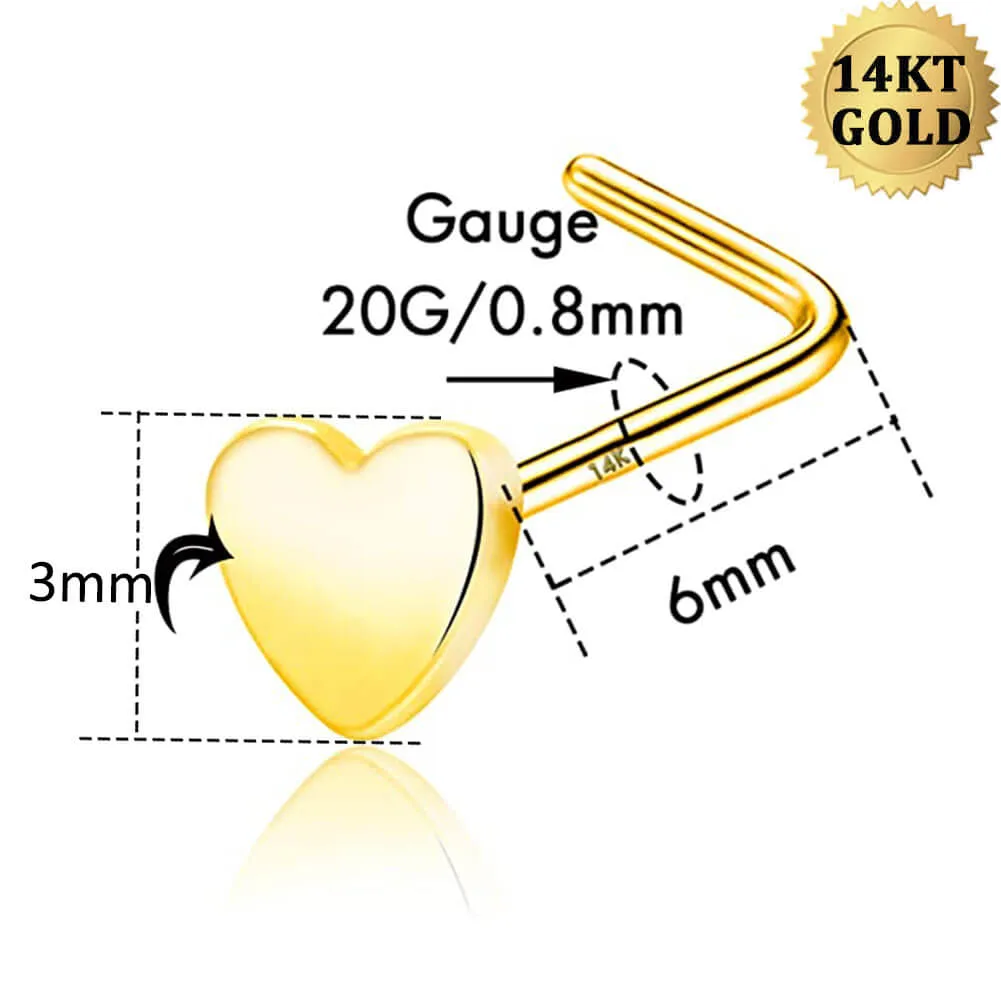 14K Gold 20G L Shape Heart Nose Stud