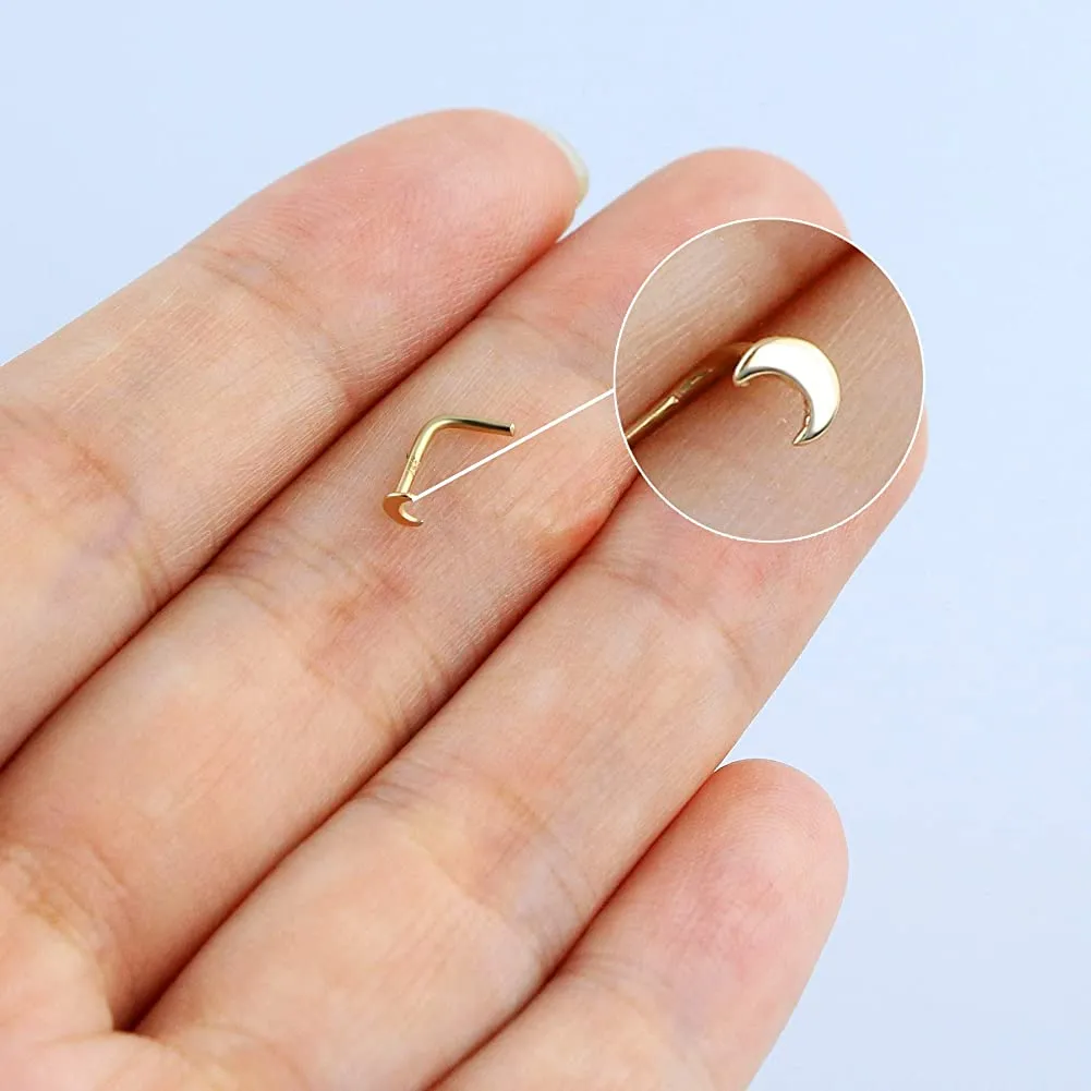 14K Gold 20G L Shape Small Moon Nose Stud