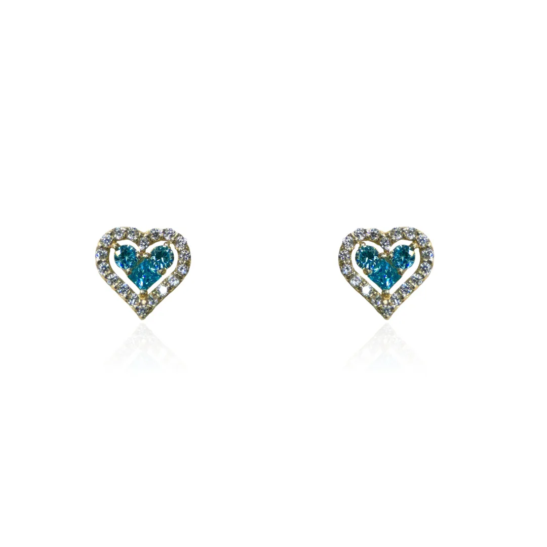 14K Gold Heart Screwback Earring With Blue Topaz CZ Center & White CZ Halo