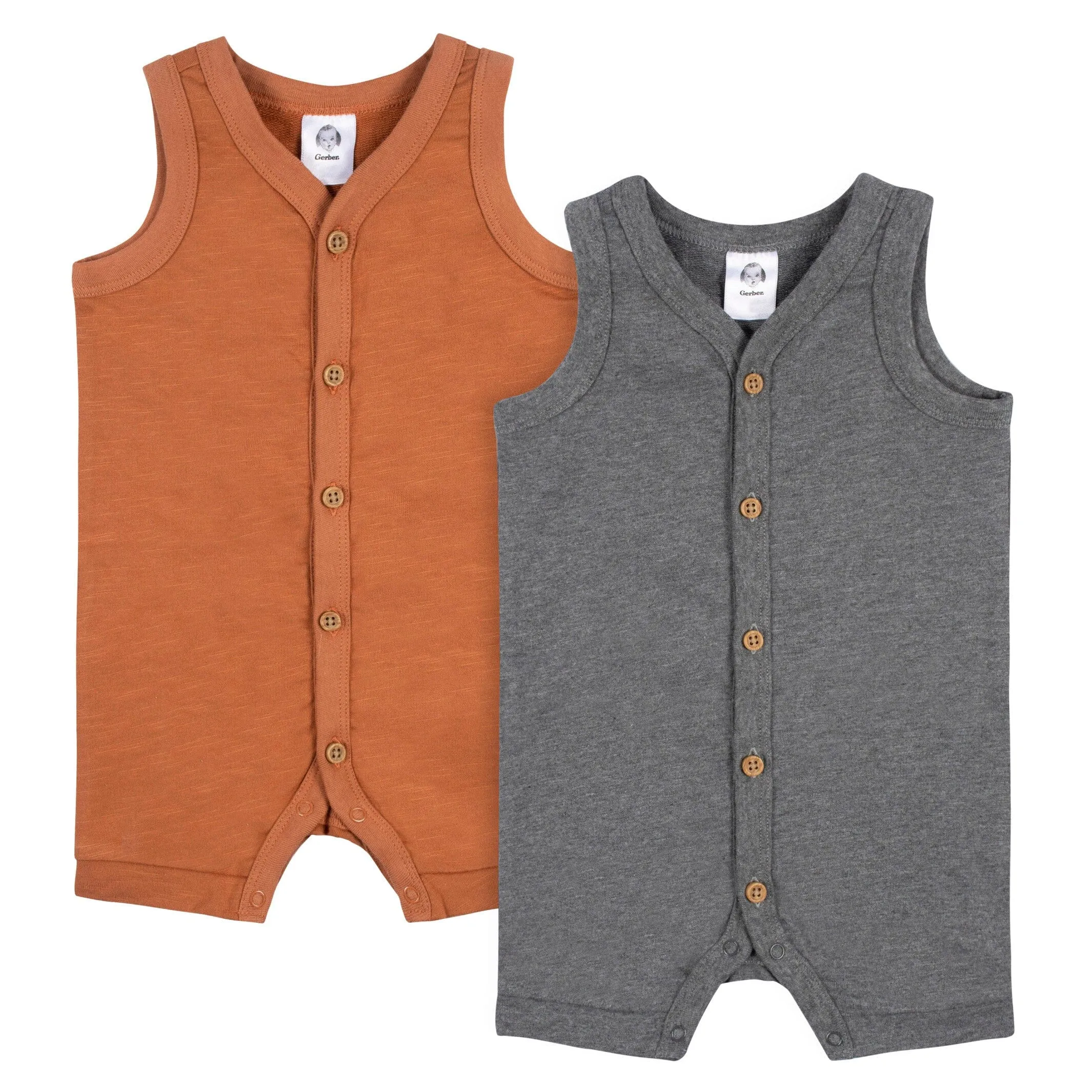 2-Pack Baby Boys Heather Gray & Rust Short Leg Sleeveless Romper