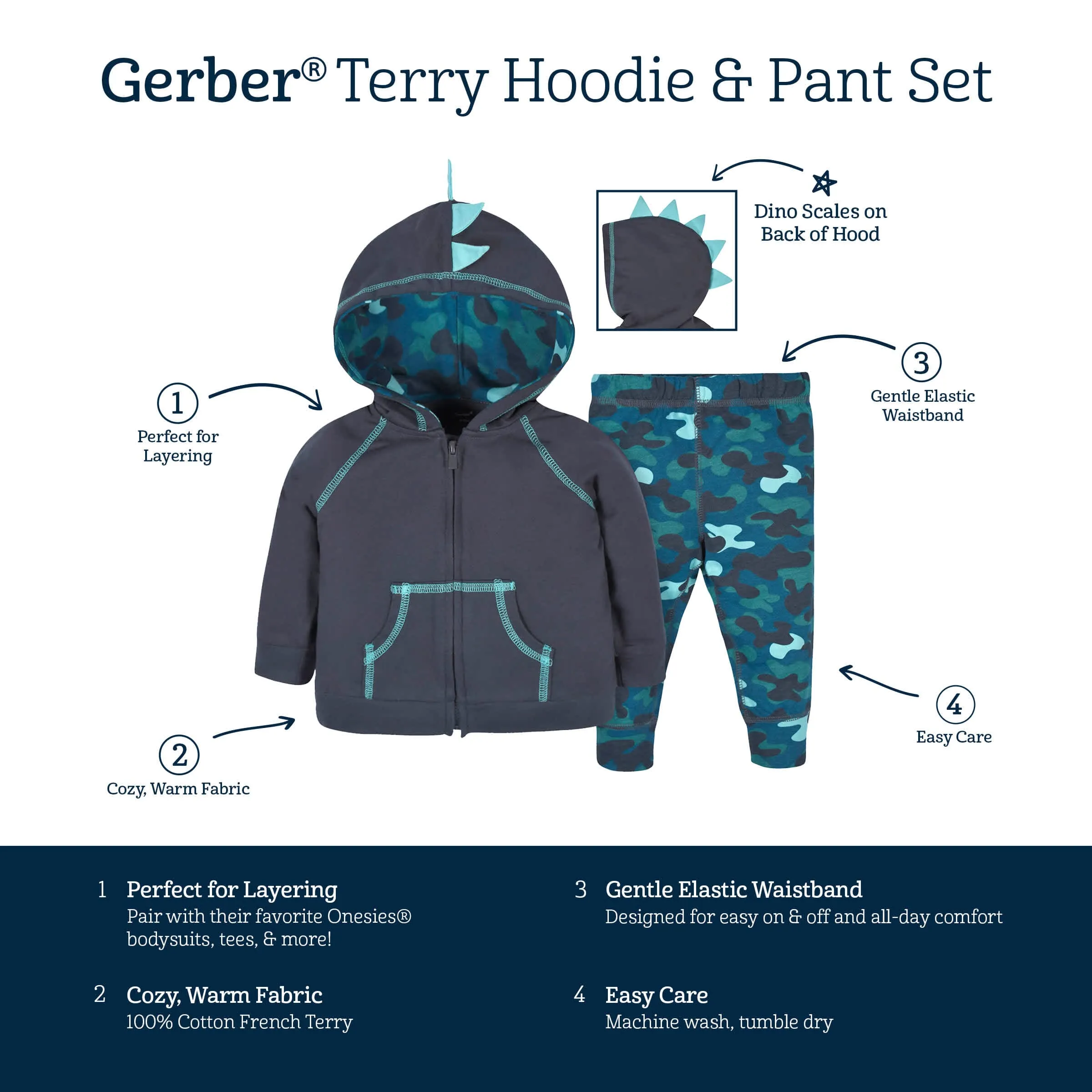 2-Piece Baby & Toddler Boys Navy Dino Terry Zip Hoodie & Joggers Set