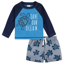 2-Piece Baby & Toddler Boys UPF 50  Sea Friends Rash Guard & Swim Trunks Set