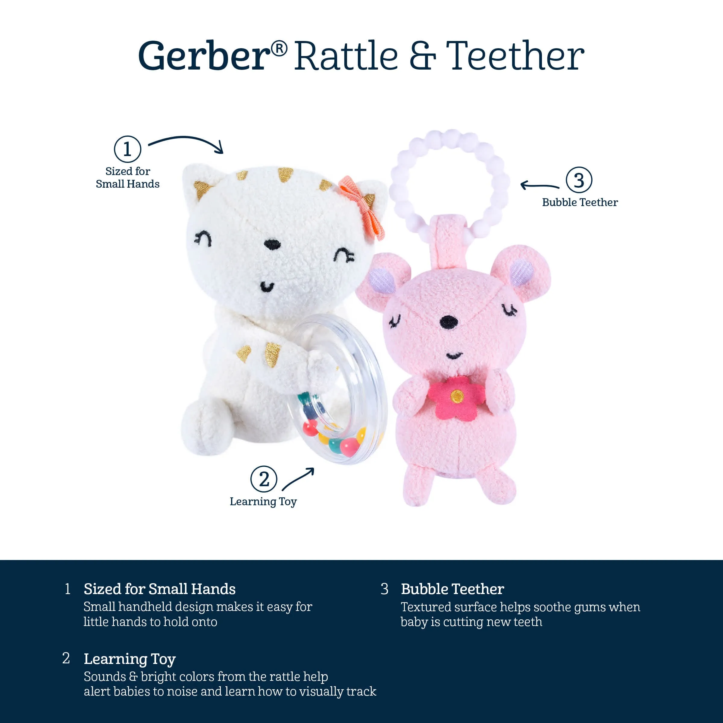 2-Piece Baby Girls Cat & Mouse Rattle and Teether Set