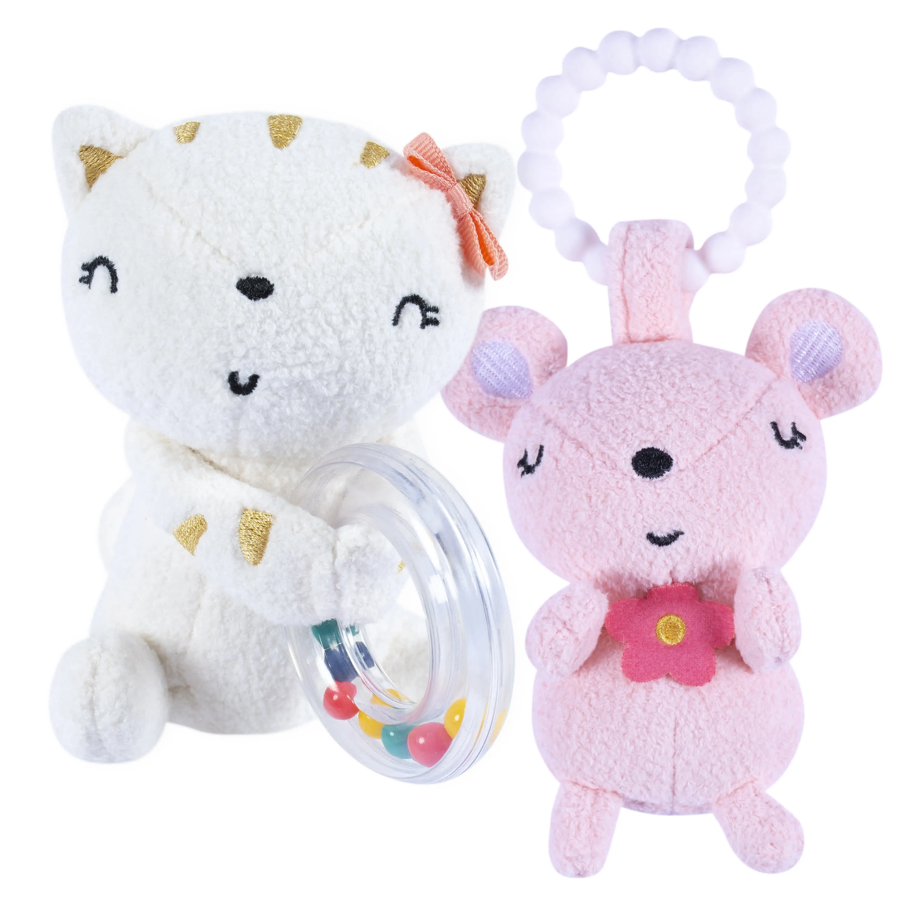 2-Piece Baby Girls Cat & Mouse Rattle and Teether Set