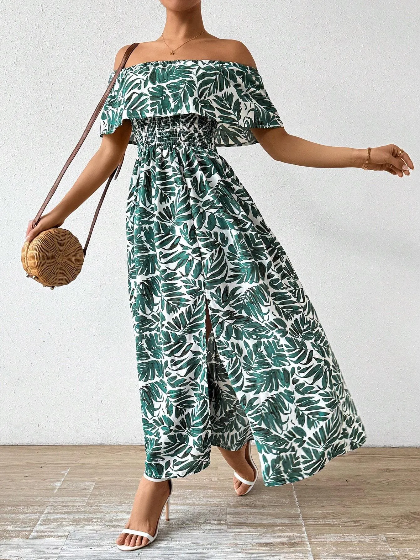 2023 New Arrival Women's Summer Tropical Plant Printed Asymmetrical Off Shoulder Long Dress, Simple Style And Fashionable