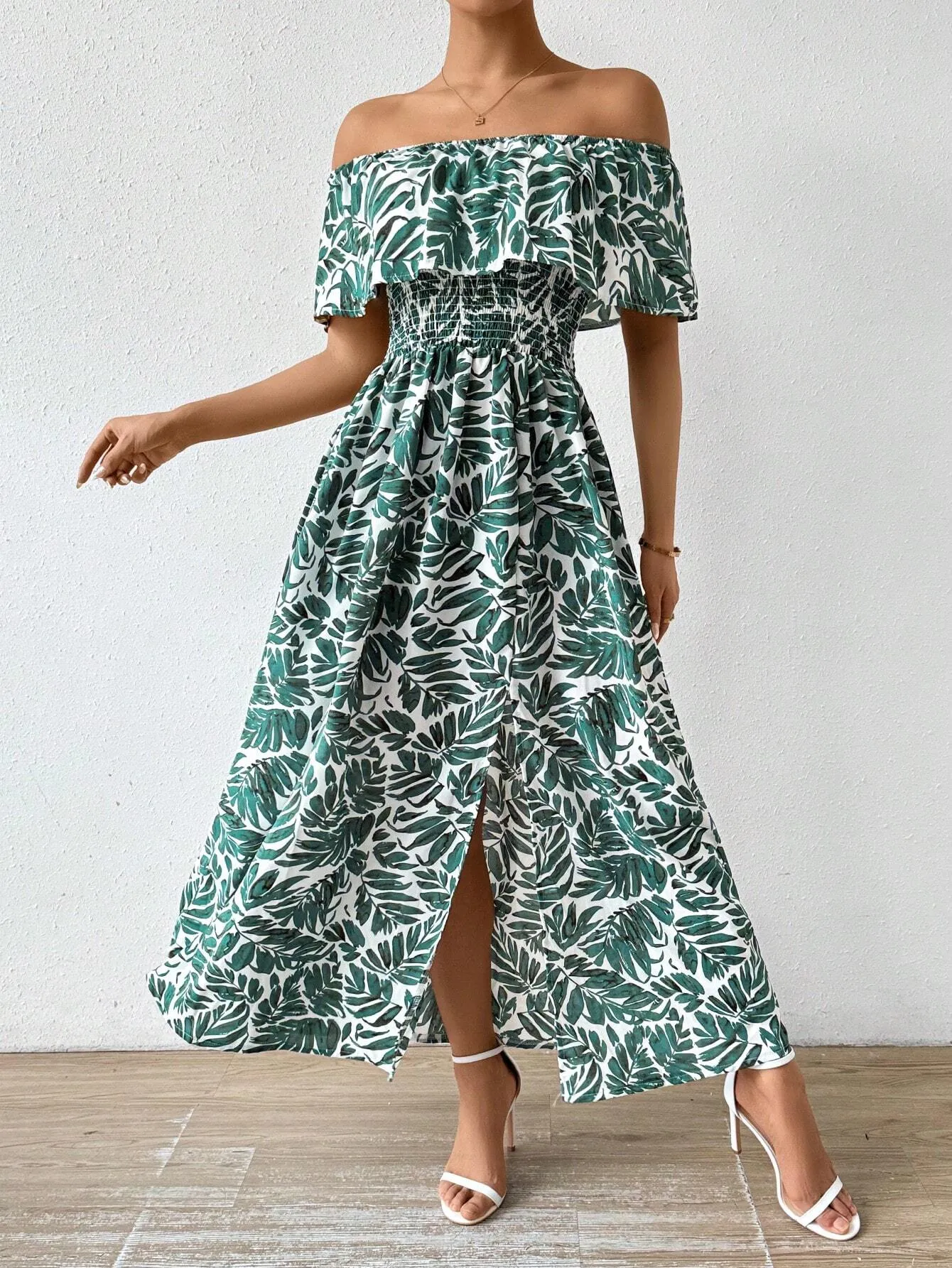 2023 New Arrival Women's Summer Tropical Plant Printed Asymmetrical Off Shoulder Long Dress, Simple Style And Fashionable