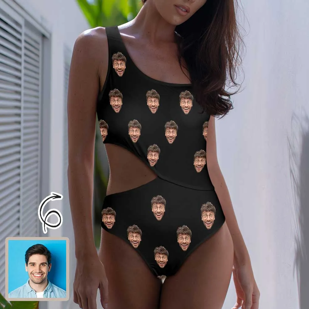 25  Colors Custom Face DIY Women's Off Shoulder Side Cutout One Piece Swimsuit Personalized Photo Bathing Suit