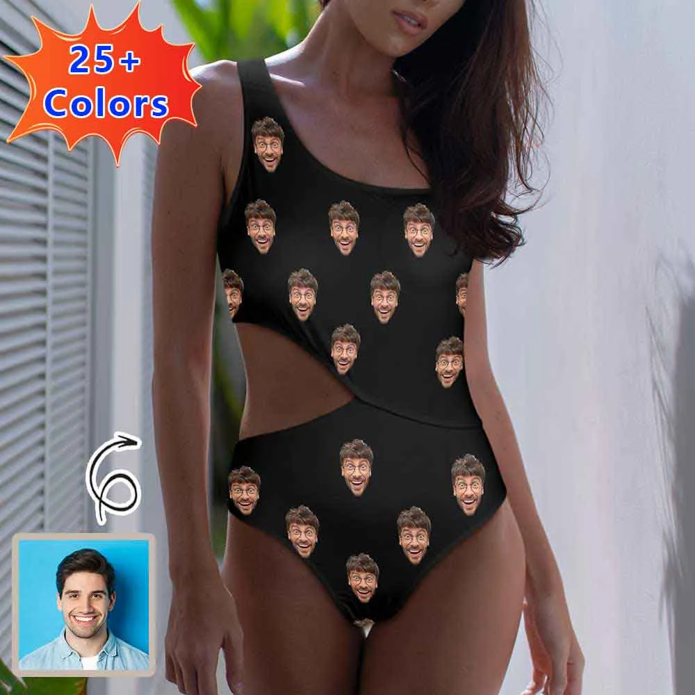 25  Colors Custom Face DIY Women's Off Shoulder Side Cutout One Piece Swimsuit Personalized Photo Bathing Suit