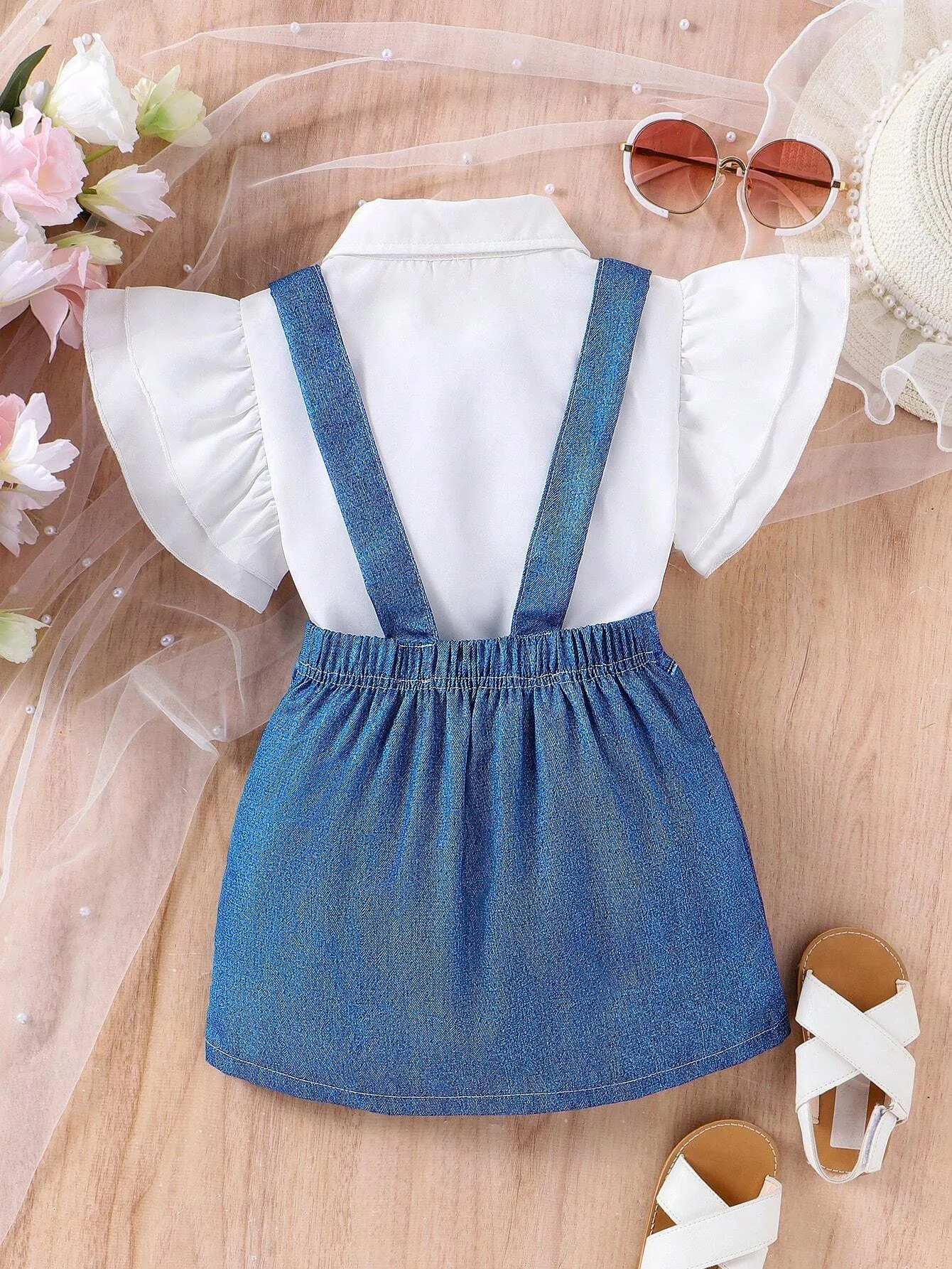 2pcs Young Girl Fashionable Batwing Sleeve Top And Half-Length Denim Overalls Skirt Set For Summer