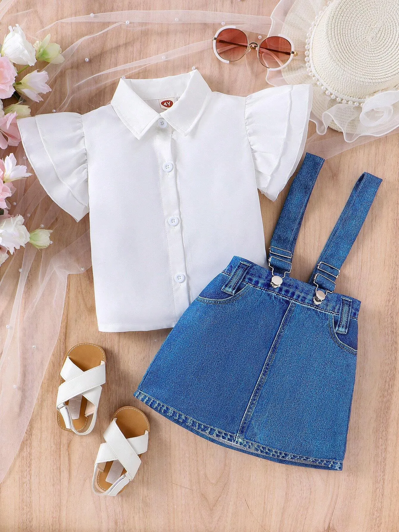 2pcs Young Girl Fashionable Batwing Sleeve Top And Half-Length Denim Overalls Skirt Set For Summer