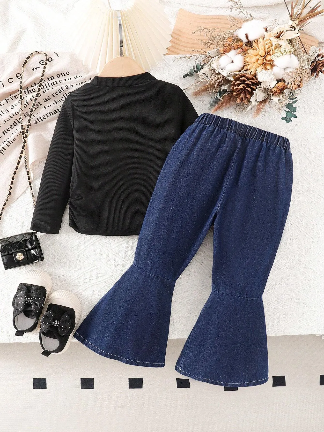 2pcs Young Girl Fashionable Bowknot Long Sleeve Top And Denim Pants Set, Spring Autumn