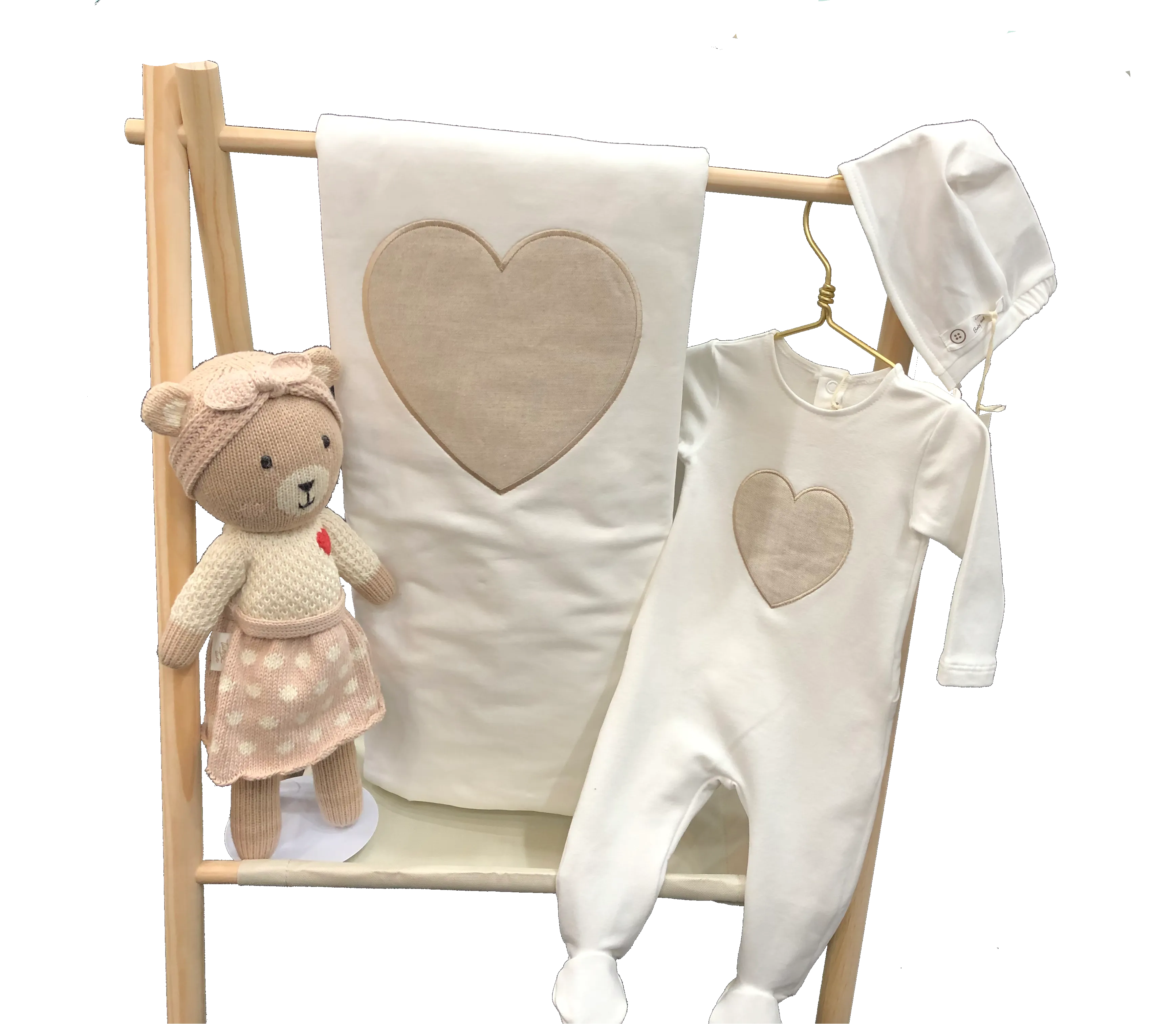 Adorable Heart-Themed Baby Gift Set - Footie, Blanket, Bonnet & Plush Bear