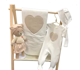 Adorable Heart-Themed Baby Gift Set - Footie, Blanket, Bonnet & Plush Bear