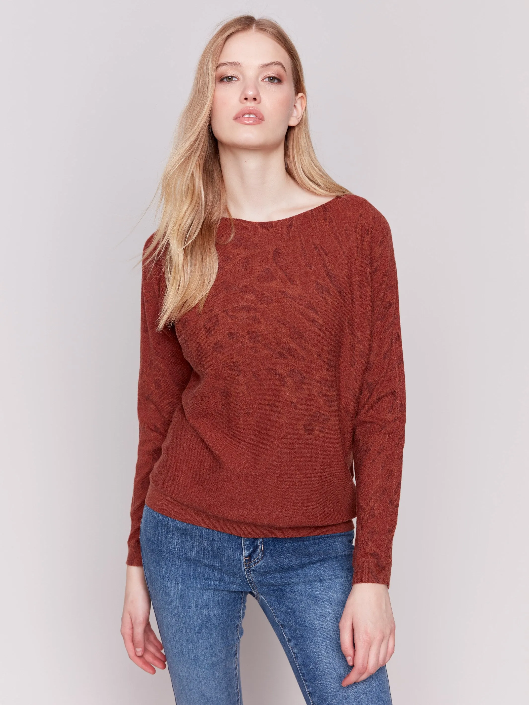 Animal Print Batwing Sleeve Sweater - Terracotta