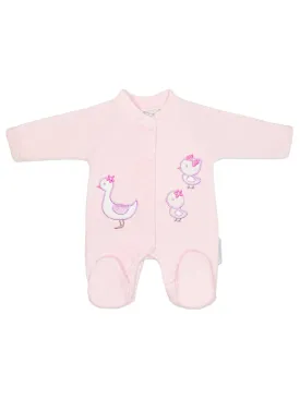 Appliqué Mother Duck & Ducklings Pink Velour Sleepsuit