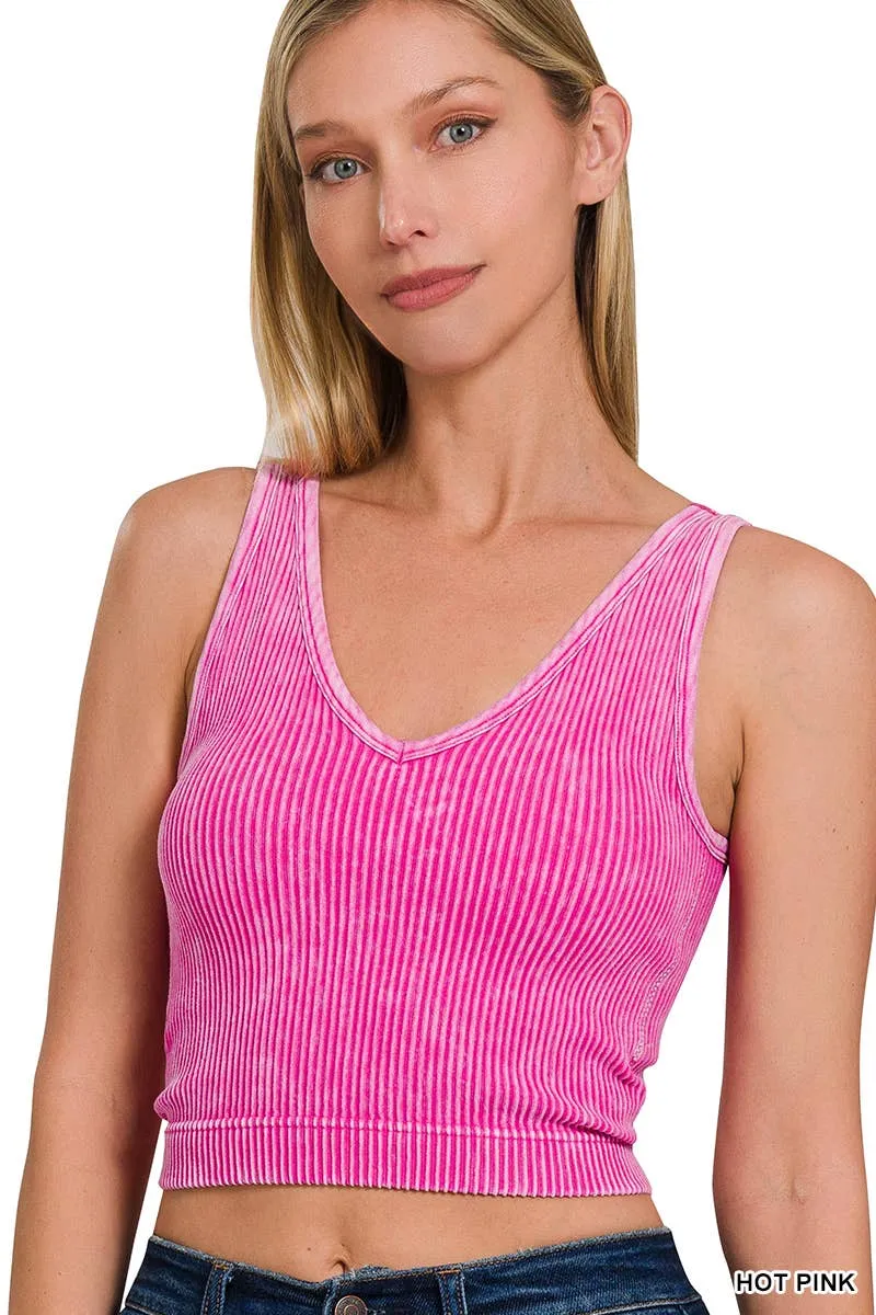 Ash Pink Washed Rib Crop V Neck Tank W/ Removable Bra