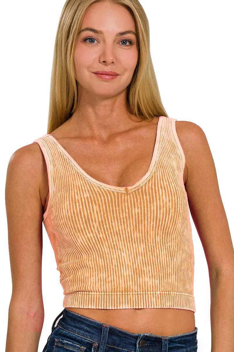 Ash Pink Washed Rib Crop V Neck Tank W/ Removable Bra