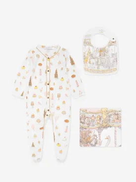 Atelier Choux Baby Carousel Swaddle Bib And Sweetie Pie Playsuit in White