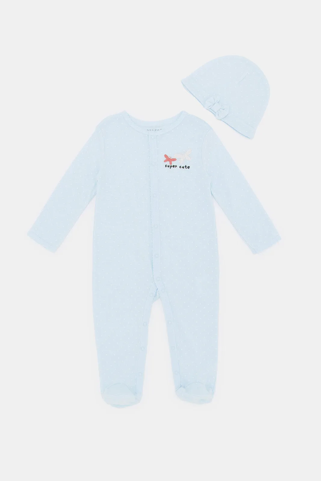 Baby Blue Embroidery Sleepsuit With Hat Set (2 Piece)