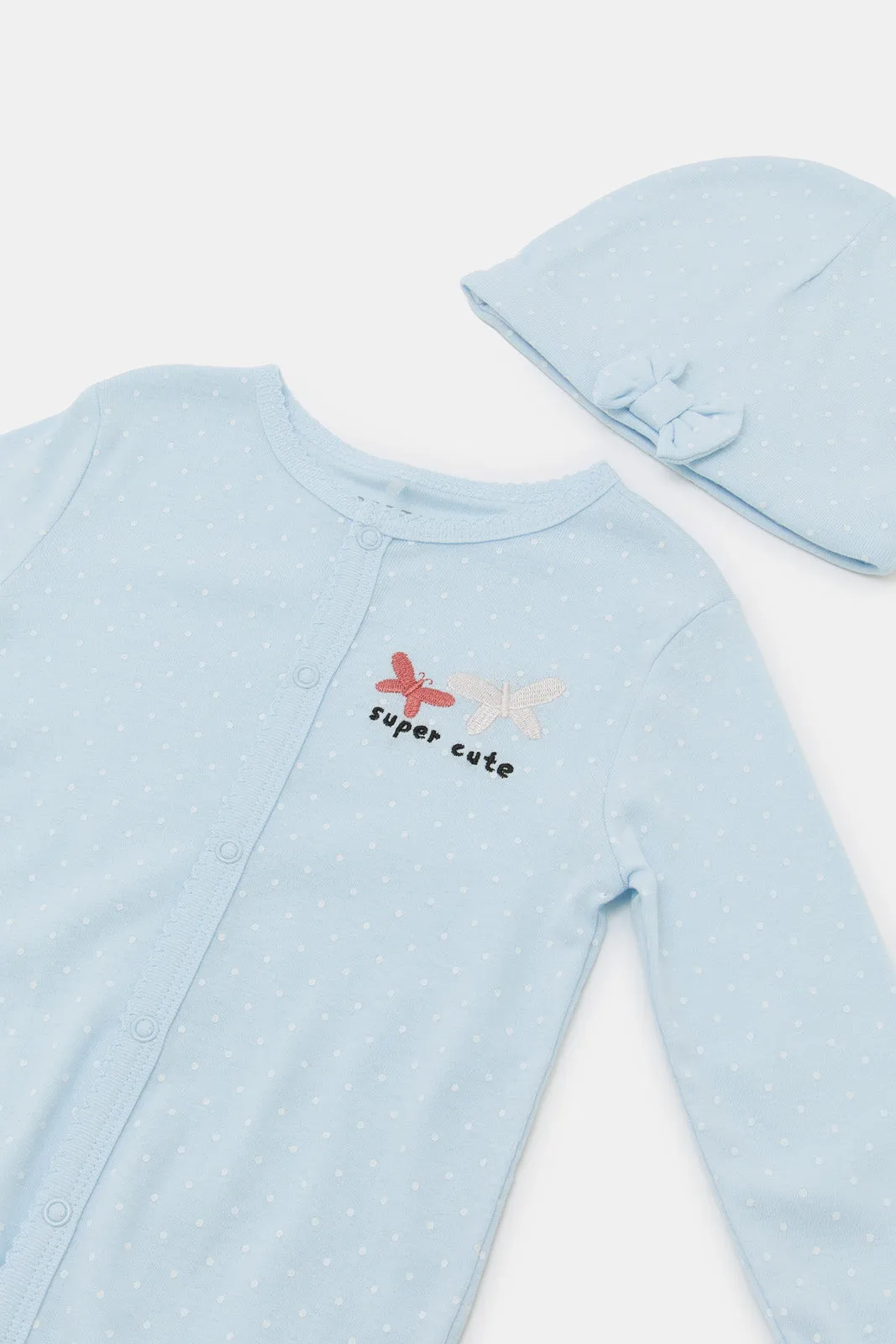 Baby Blue Embroidery Sleepsuit With Hat Set (2 Piece)