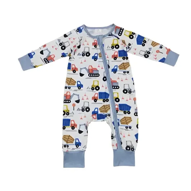 Baby Romper - Boys - Zip - Cute Construction Vehicles Blue