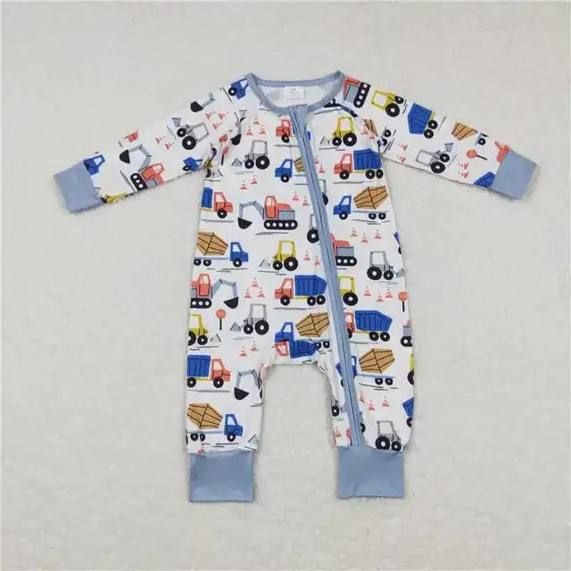 Baby Romper - Boys - Zip - Cute Construction Vehicles Blue