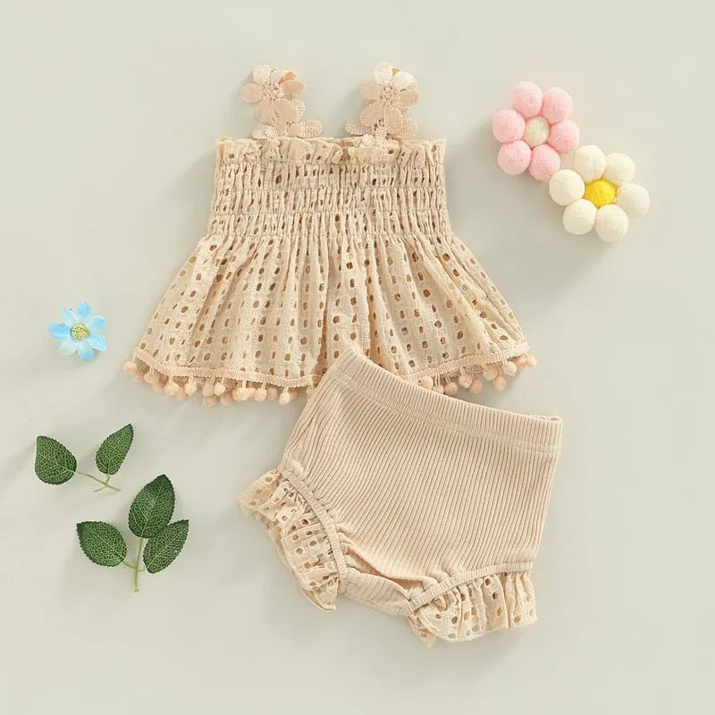 Beige Ruffle Flower Cami Top and Bloomers Bundle for Baby Girls