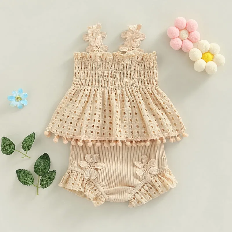 Beige Ruffle Flower Cami Top and Bloomers Bundle for Baby Girls