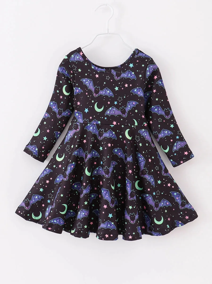 Black Bats and Moons Halloween Kids Dress