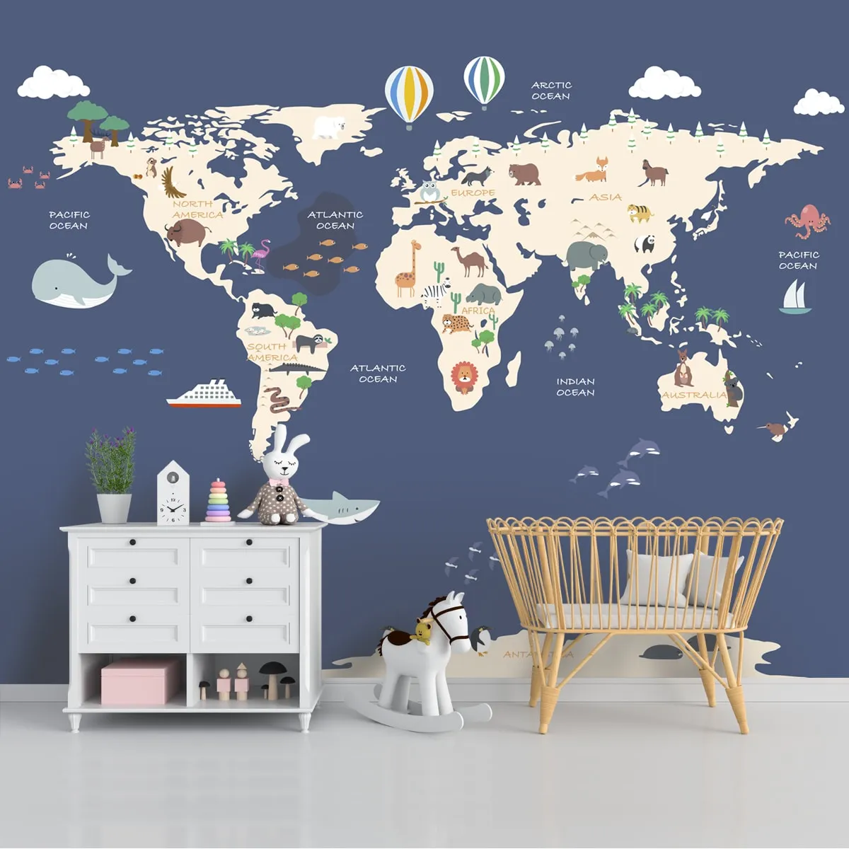 Blue World Map for Boys Room Walls