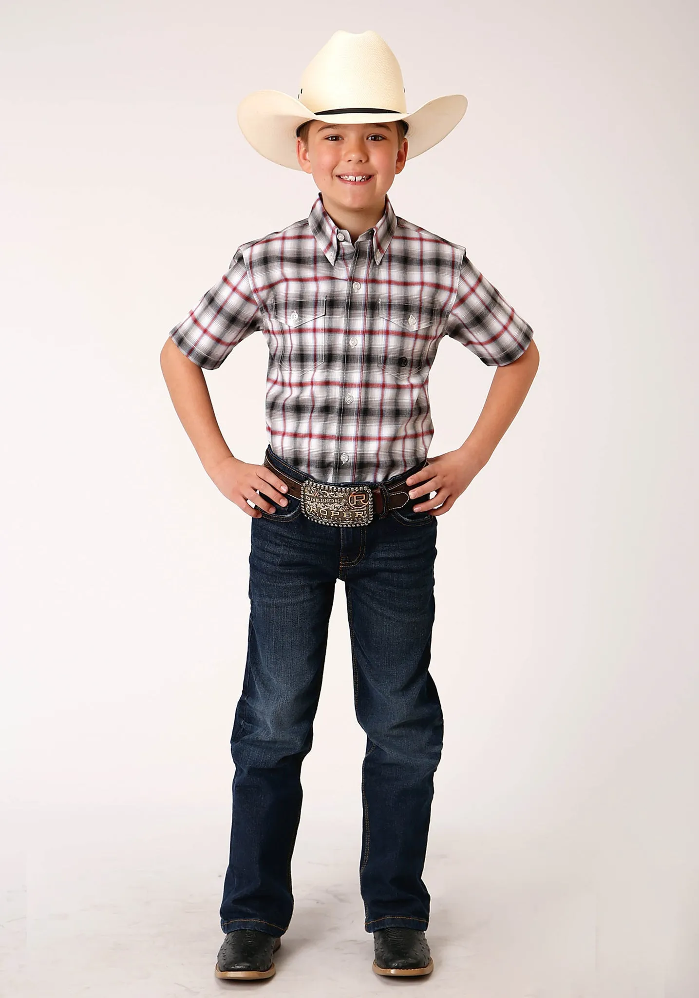 Boys Short Sleeve Button Classic Ombre Stretch Plaid Western Shirt