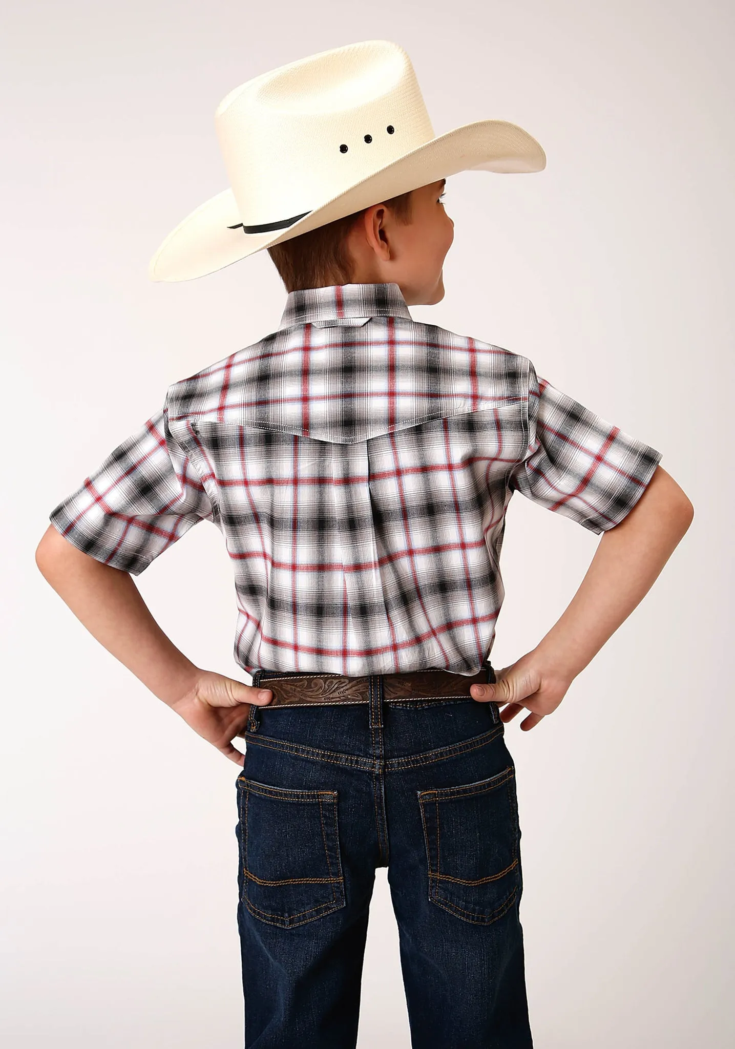 Boys Short Sleeve Button Classic Ombre Stretch Plaid Western Shirt