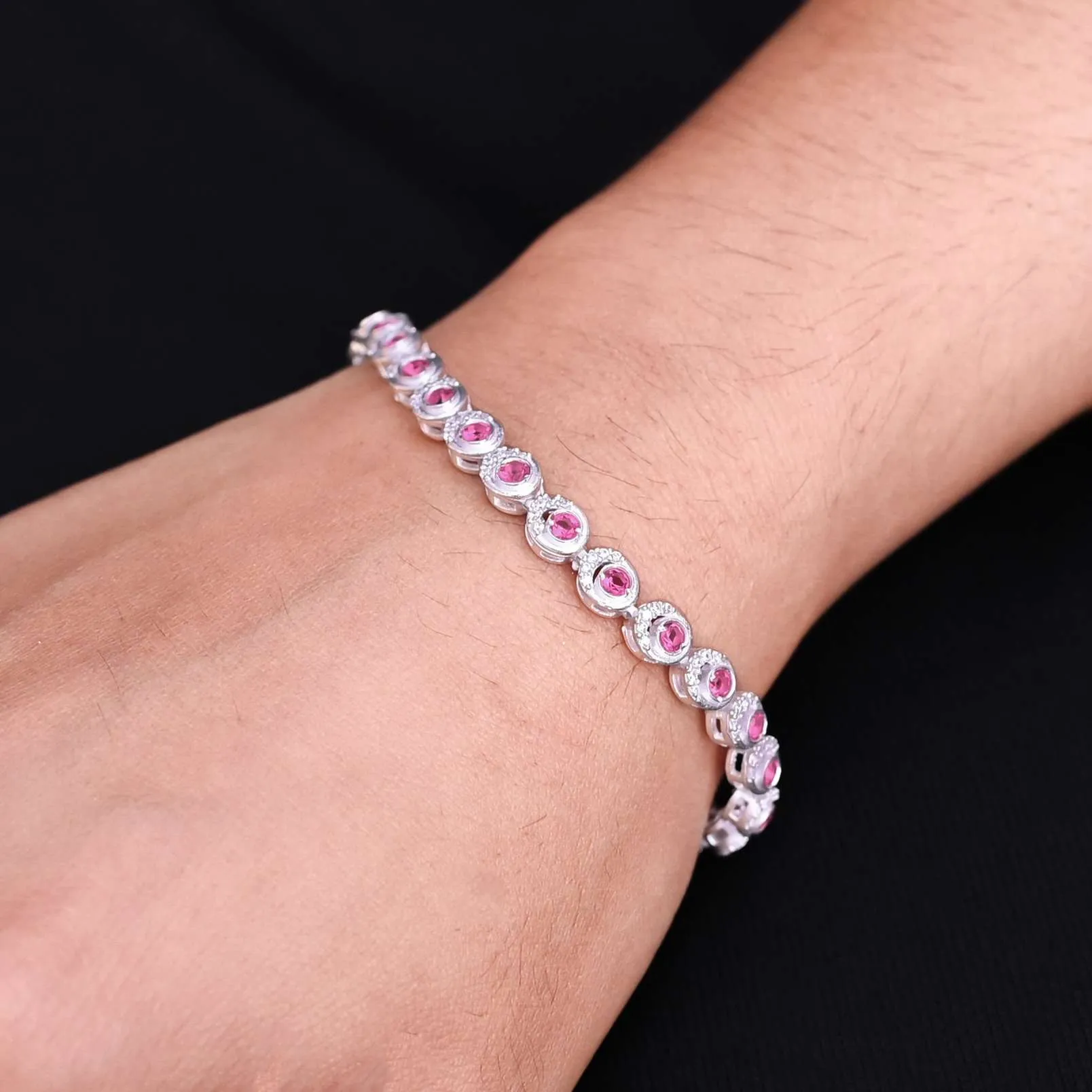 Classy Pink Gem Stone Silver Bracelet for Ladies