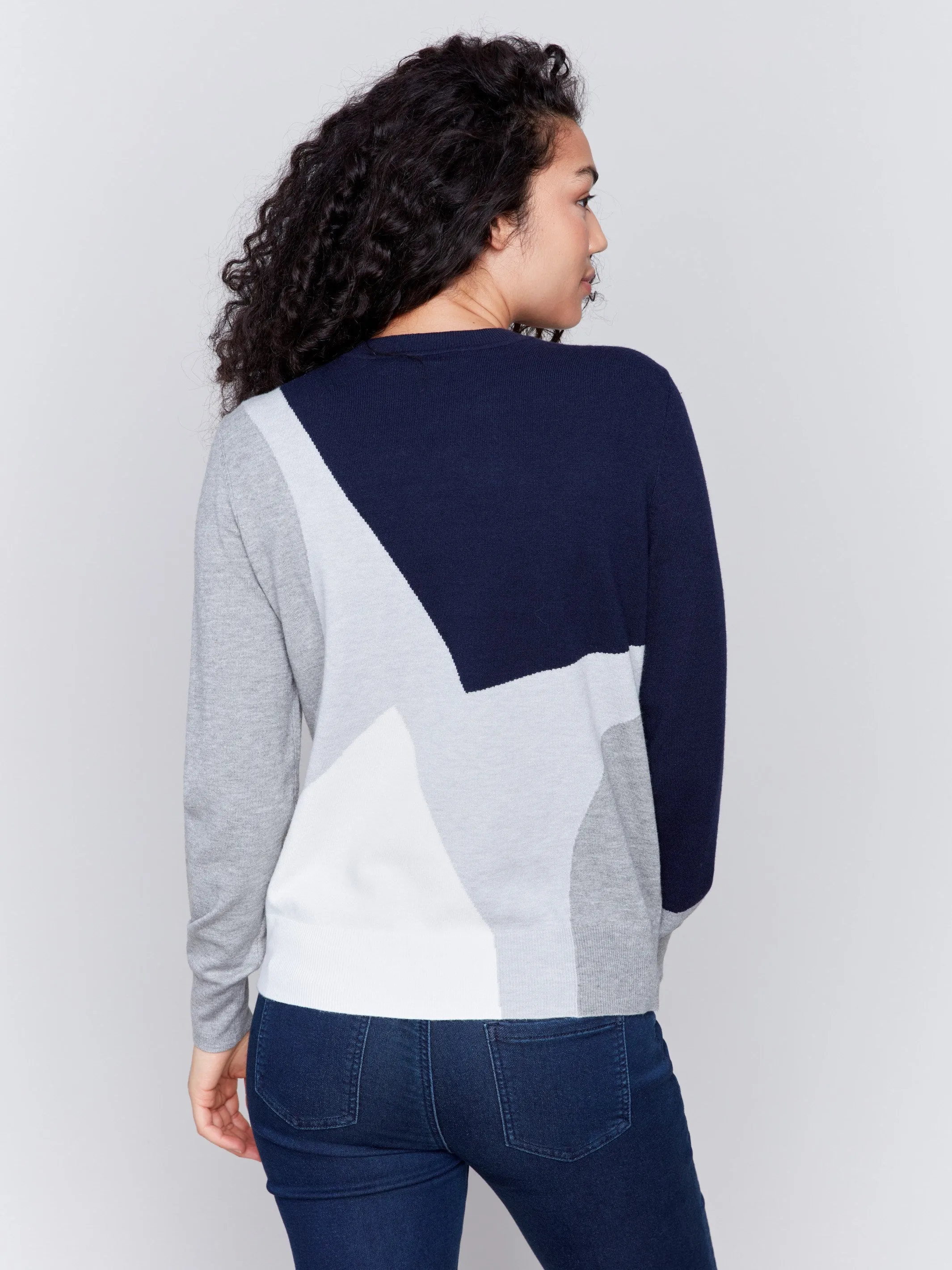 Color Block Crew Neck Sweater - Navy