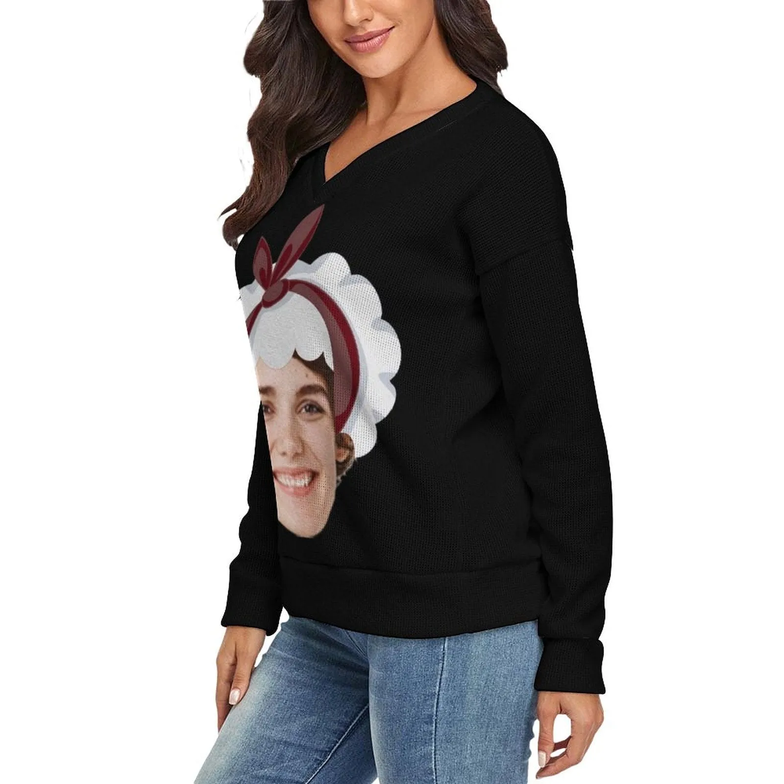 Couple Matching Custom Face Black Sweater Santa Hat Long Sleeve Ugly Christmas Sweater Tops for Men and Women