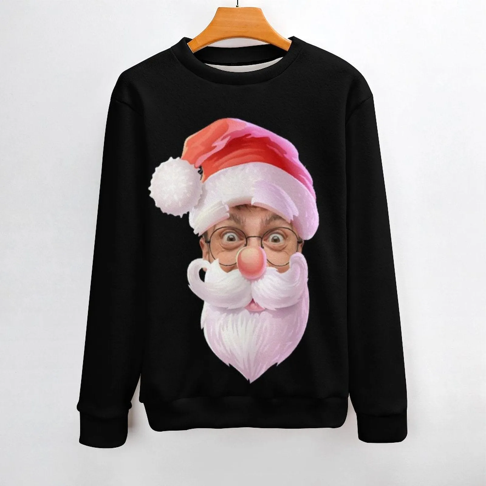 Couple Matching Custom Face Black Sweater Santa Hat Long Sleeve Ugly Christmas Sweater Tops for Men and Women