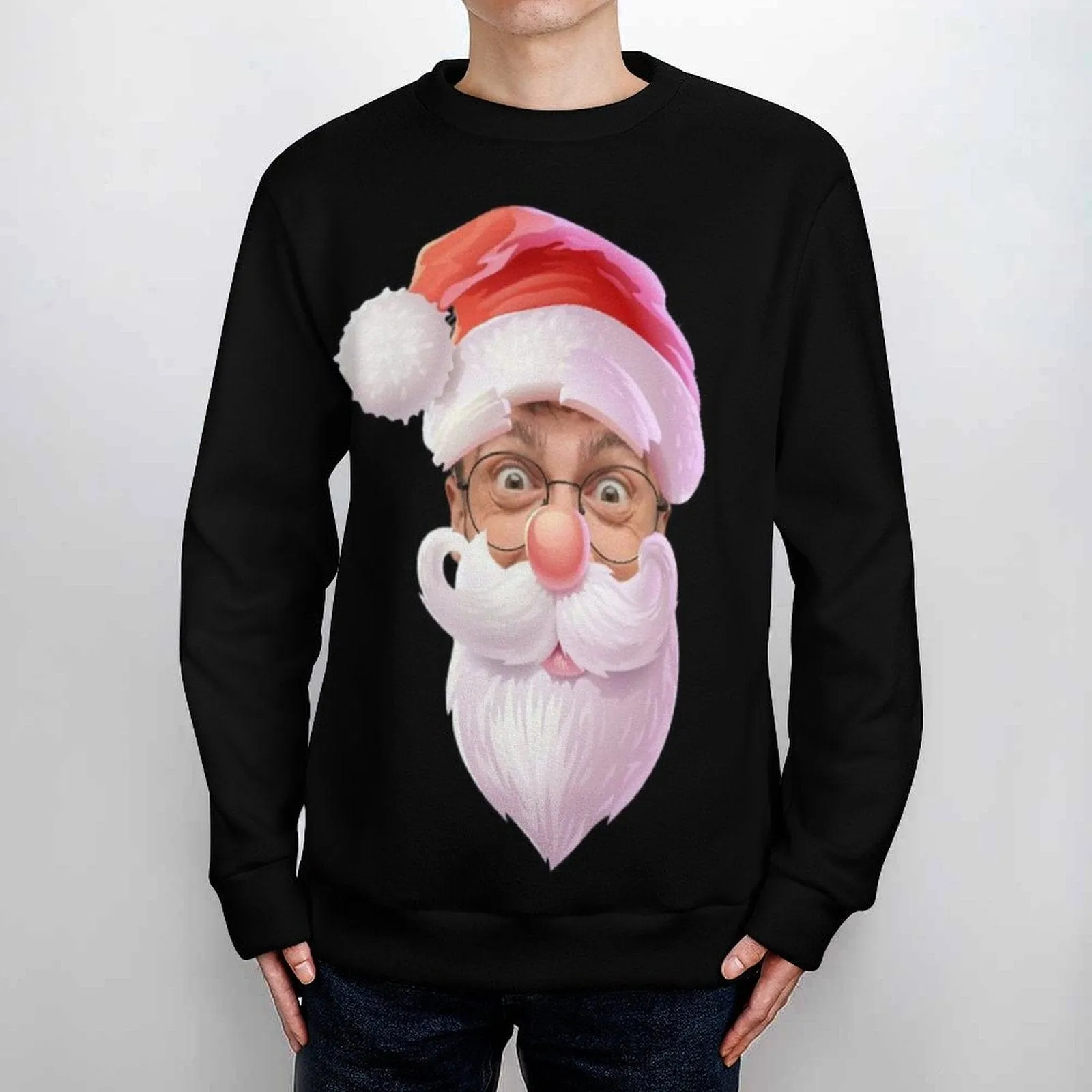 Couple Matching Custom Face Black Sweater Santa Hat Long Sleeve Ugly Christmas Sweater Tops for Men and Women