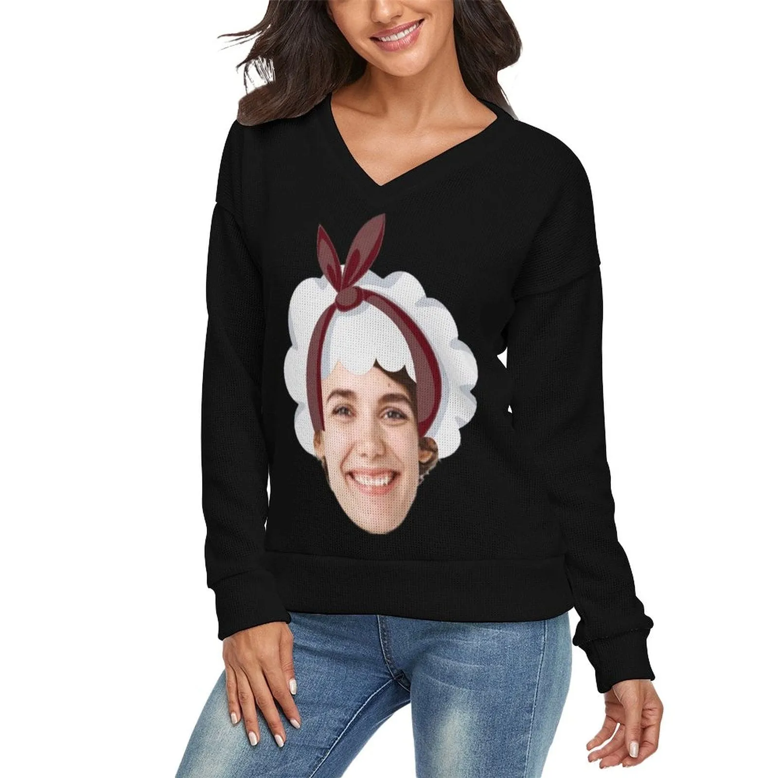 Couple Matching Custom Face Black Sweater Santa Hat Long Sleeve Ugly Christmas Sweater Tops for Men and Women