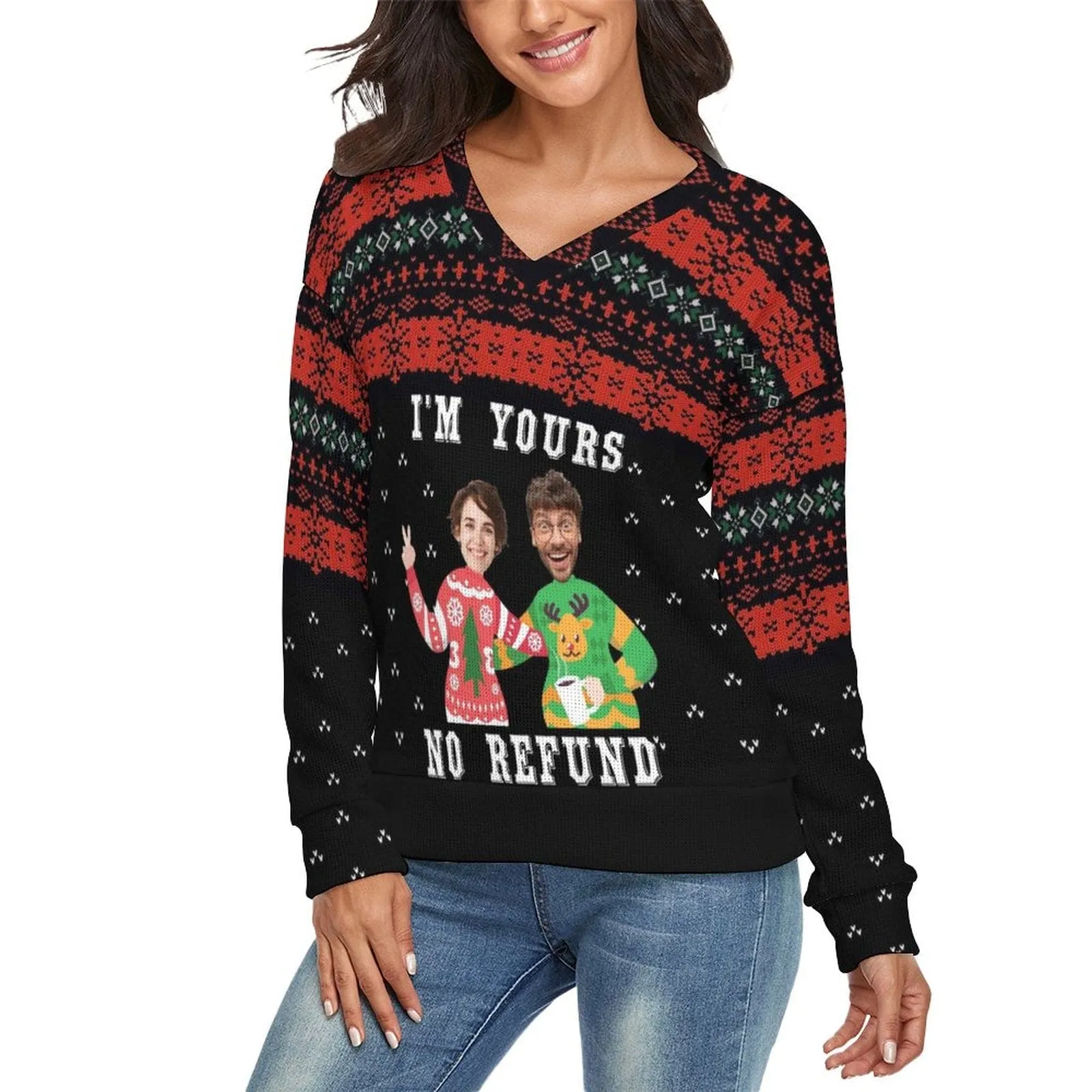 Couple Matching Custom Face Sweater I'm Yours Long Sleeve Ugly Christmas Sweater Tops for Men and Women