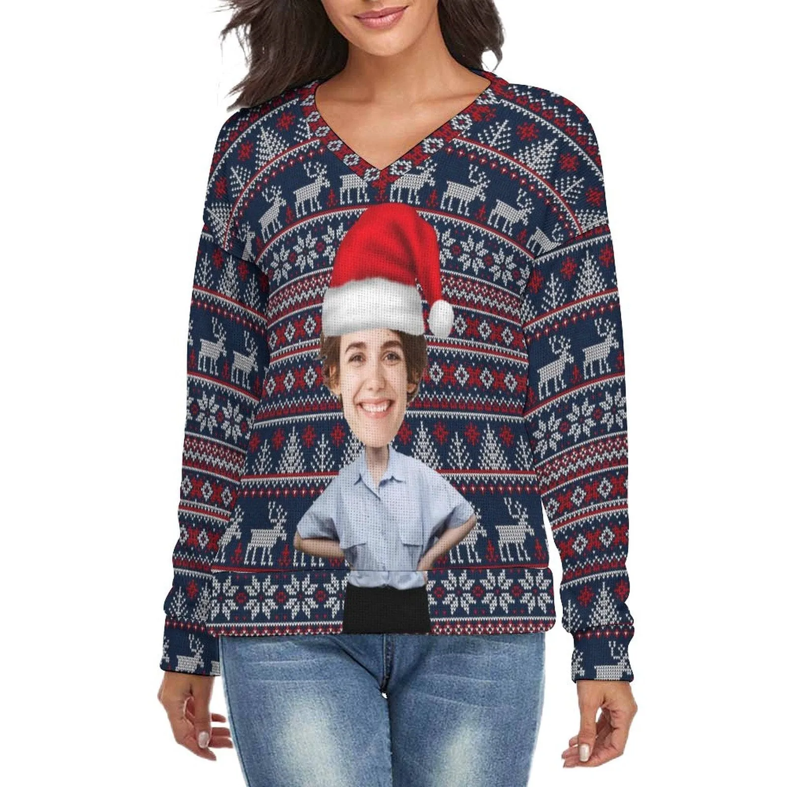 Couple Matching Custom Face Sweater Santa Hat Long Sleeve Ugly Christmas Sweater Tops for Men and Women