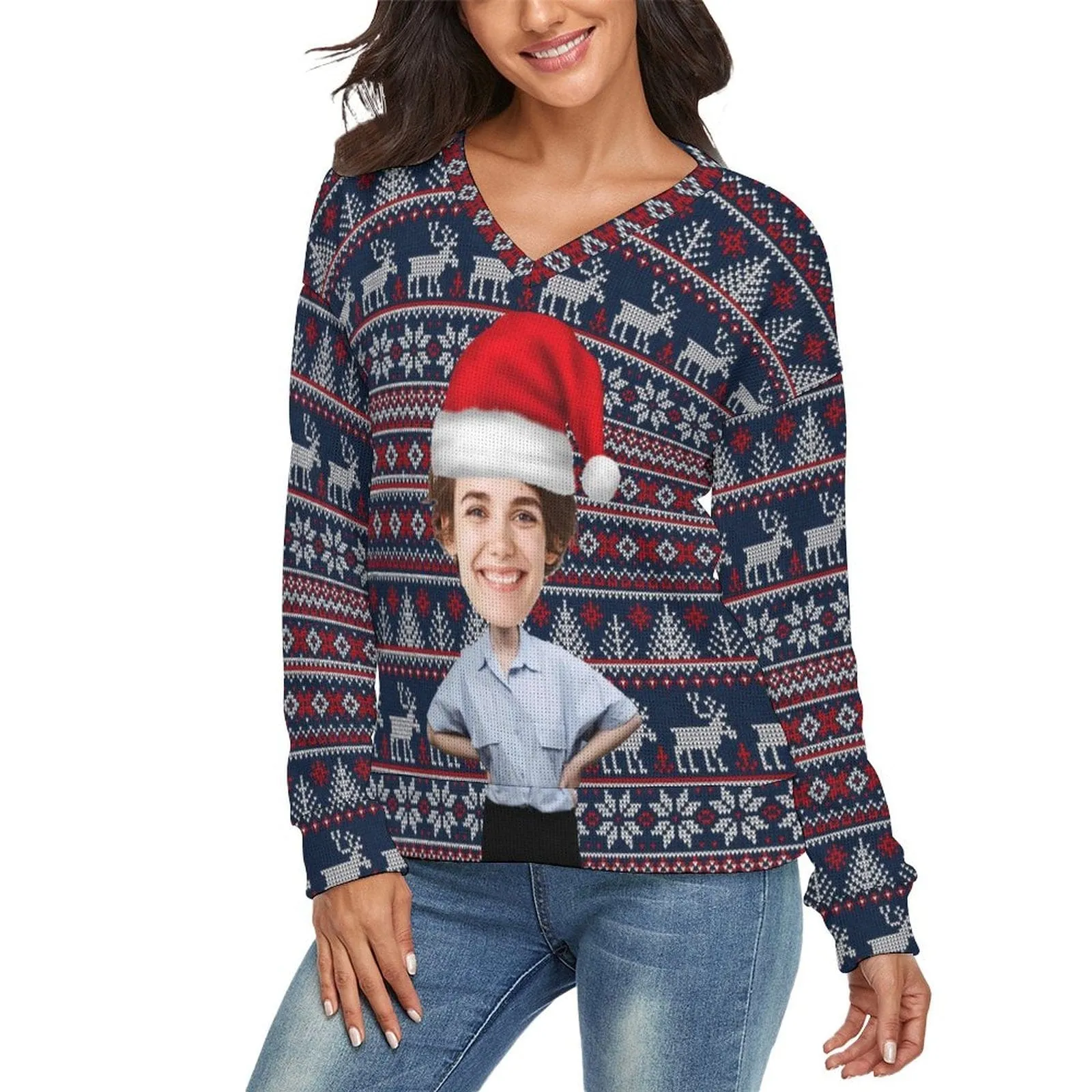 Couple Matching Custom Face Sweater Santa Hat Long Sleeve Ugly Christmas Sweater Tops for Men and Women