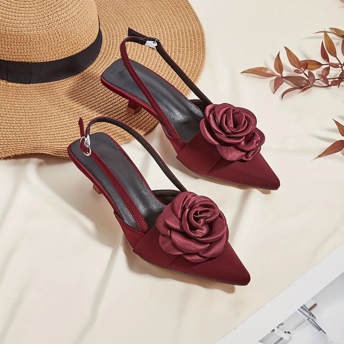 Elegant Kitten Heel Sandals - Flower Decor Pointed Toe, Slingback Low Heels, Fashionable Dating Shoes for Women - Perfect for Banquet, Party, and Special Occasions