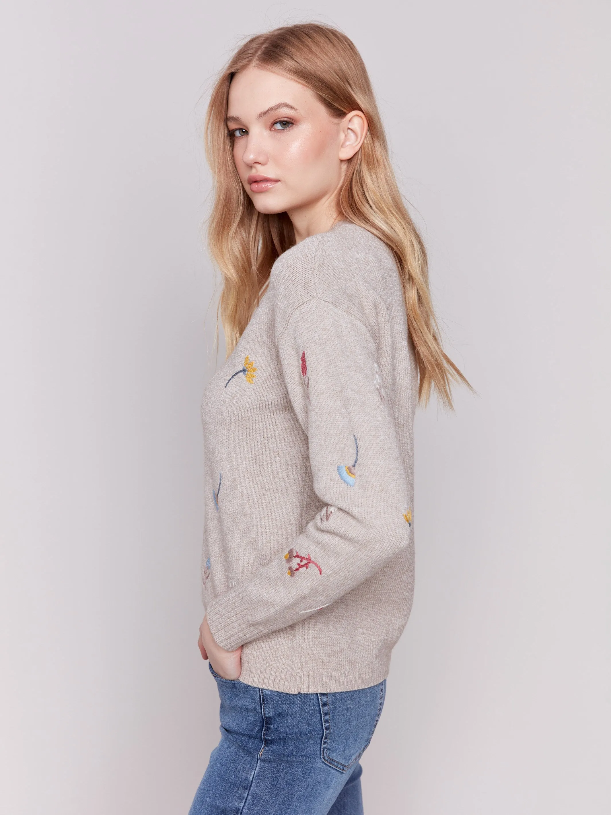 Embroidered Round Neck Sweater - Almond