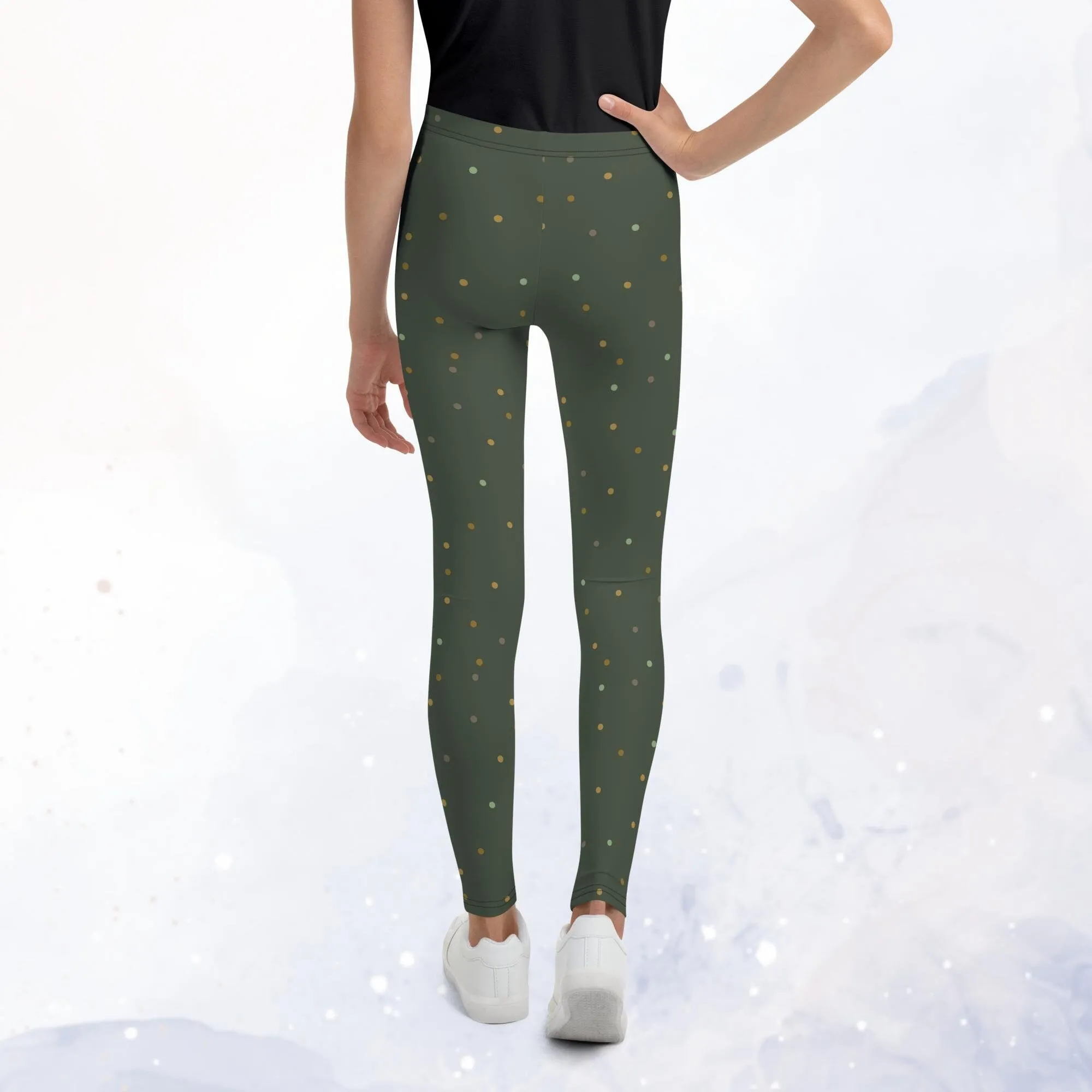 Forest Green and Gold Polka Dot Sports Teen Youth Leggings