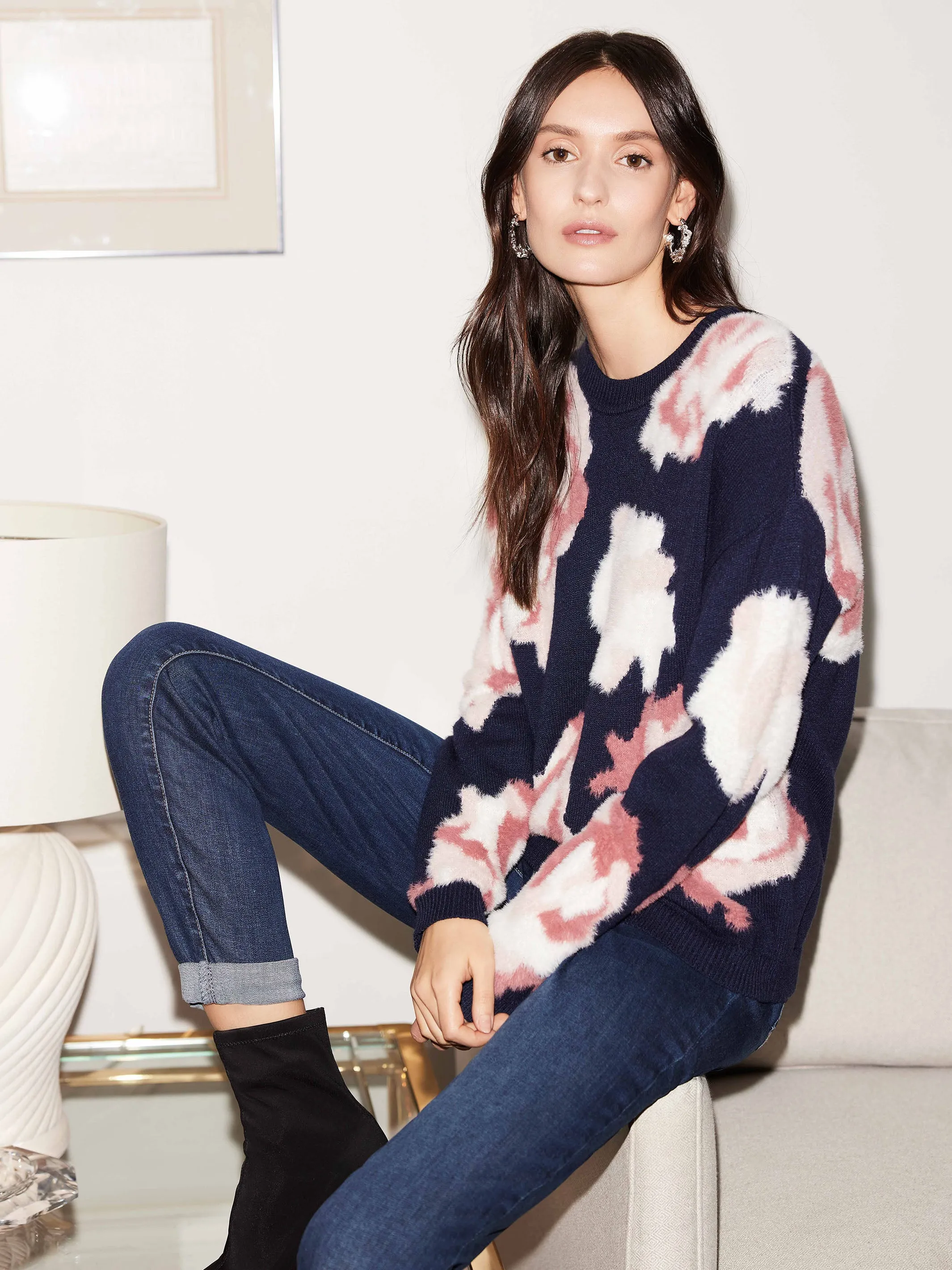 Fuzzy Floral Jacquard Knit Sweater - Navy