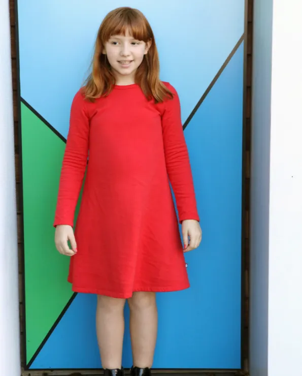 Girls Lightweight Soft Cotton Fleece A-Line Dress| Candy Apple