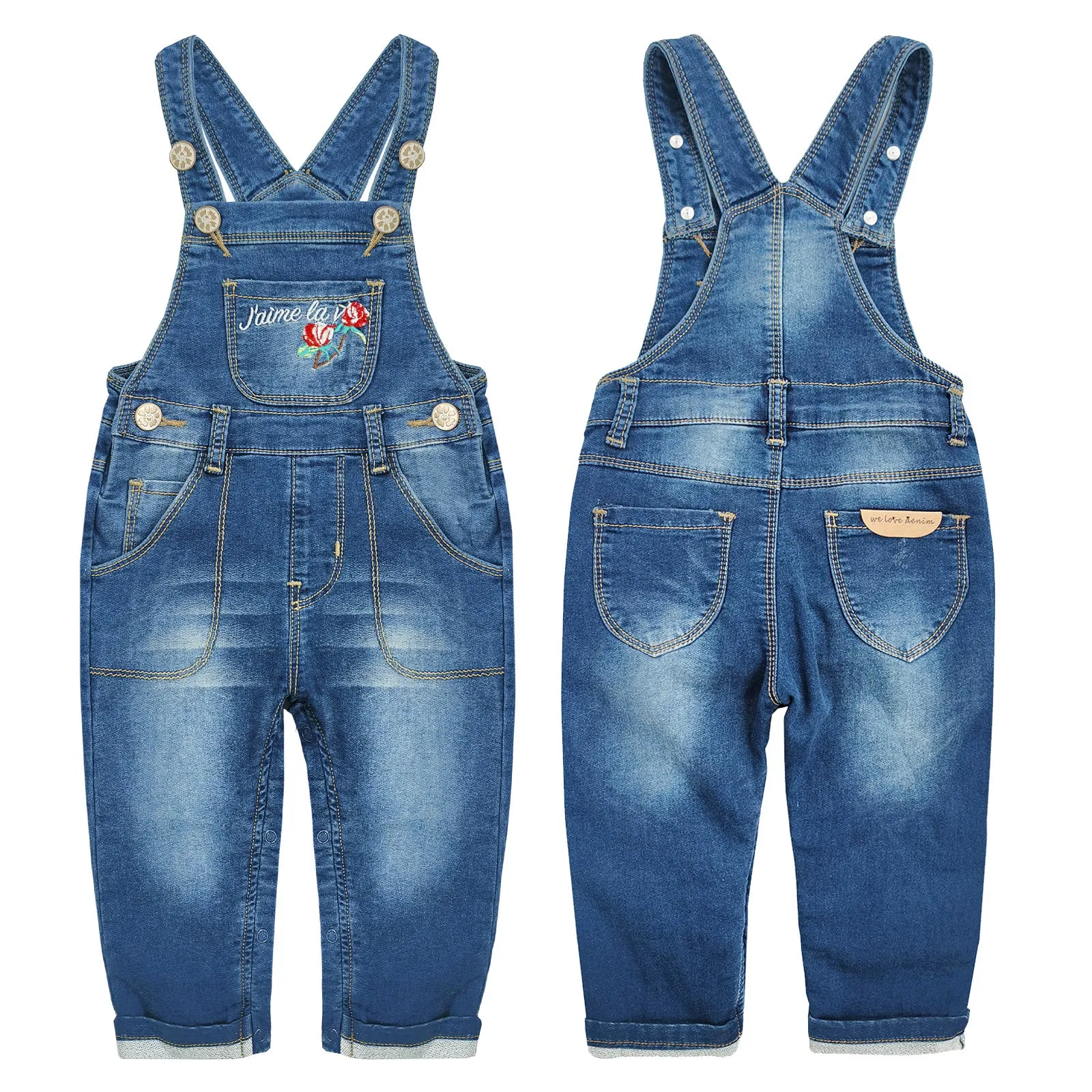 Girls Roses Embroideried Soft Denim Overalls